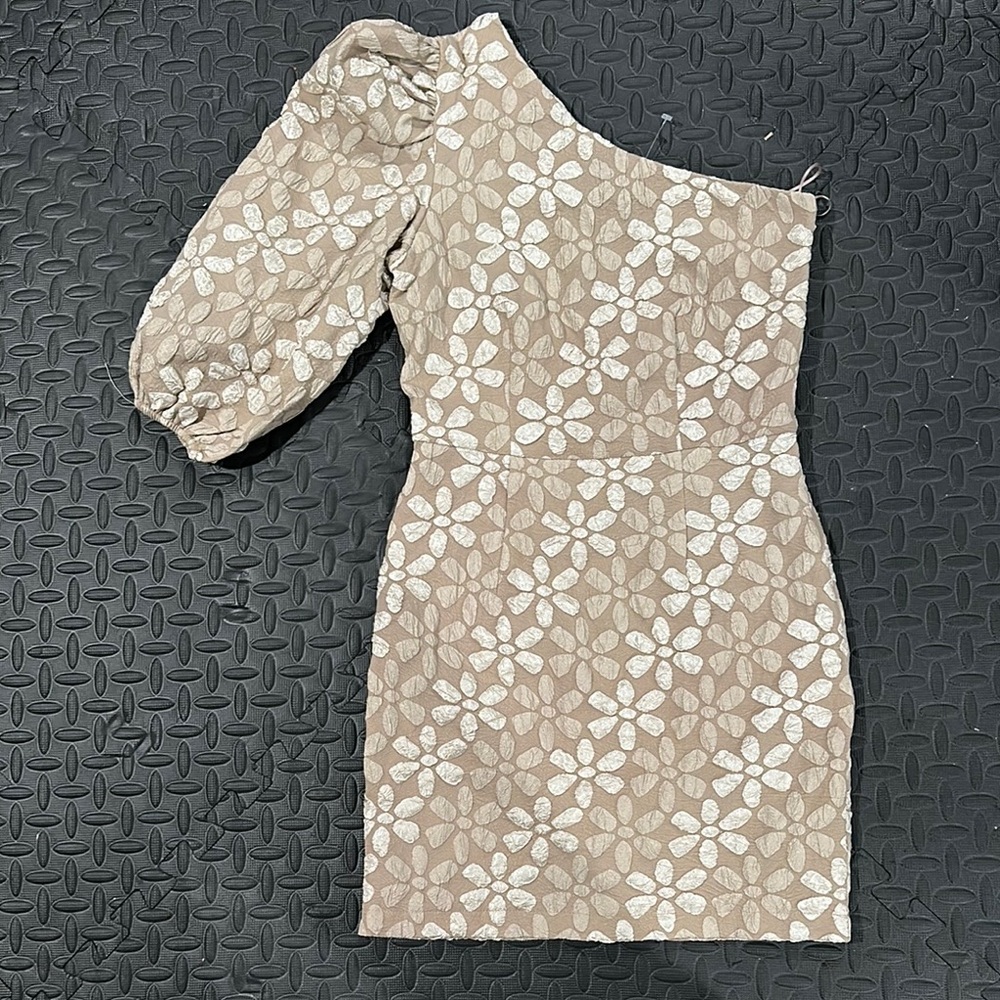 TCEC Tan One-Shoulder Puff Sleeve Cocktail Dress